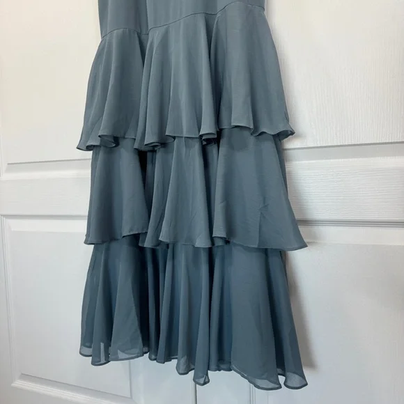 NWT Wayf Lauren Off the Shoulder Maxi Dress Granite Blue Ruffle Gown Size Small - Picture 8 of 12